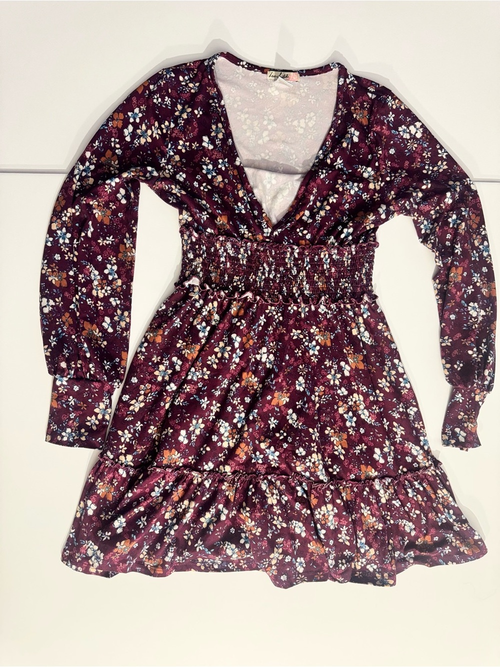 Floral V-Neck Smocked Waist Mini Dress - Burgundy